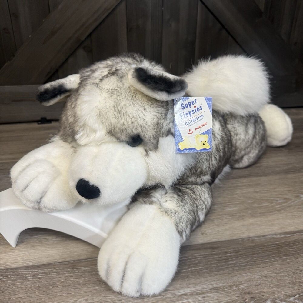 Aurora Super Flopsies Mush 28" Husky Dog Gray Plush Original Tags #06677 Vintage